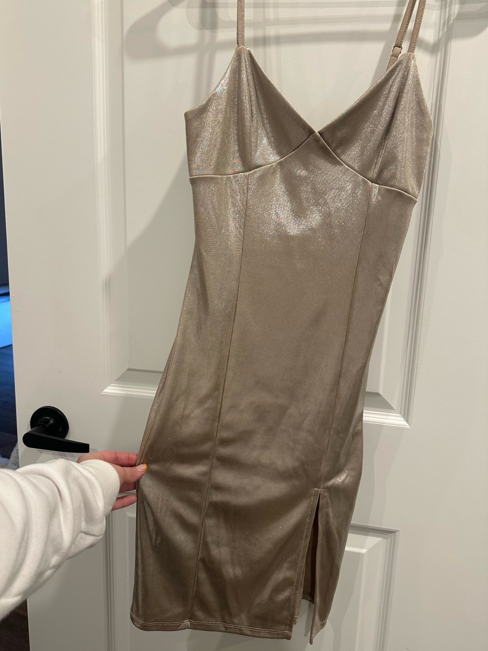 Sleeveless Metallic Taupe Slip Dress with Side Slit Size S